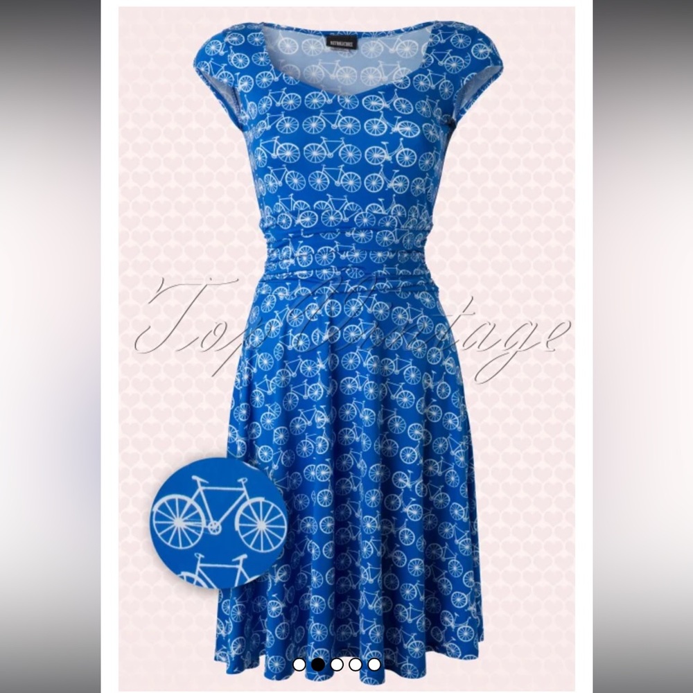 Retrolicious Blue and White Bicycle Dress. Size S. Stretchy with flared skirt